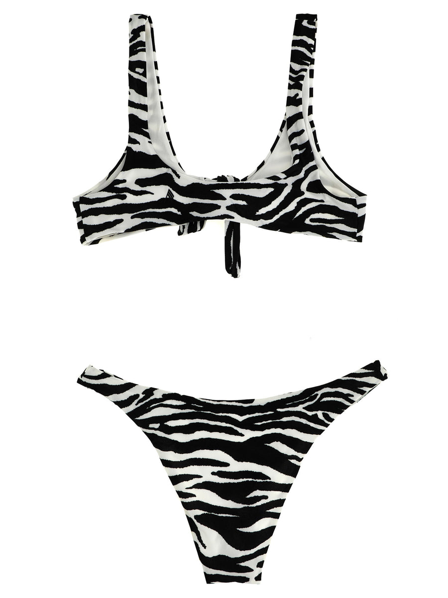 The Attico Estate Meravigliosa Bikini White Black Animalier Print Triangle Top Front Knot High Cut Bottoms For Women