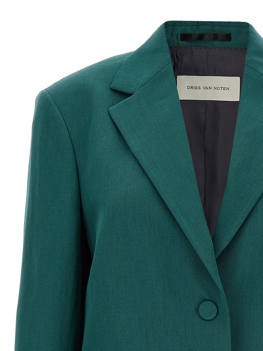 Dries Van Noten Birdy Blazer For Women Green Wool Blend With Mirror Lapels Tailored Desk To Dinner