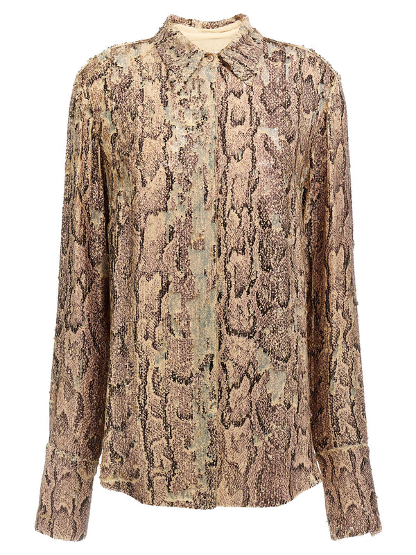 Dries Van Noten Celina Bis Shirt For Women Pink Viscose With Snake Print Sequin Embroidery
