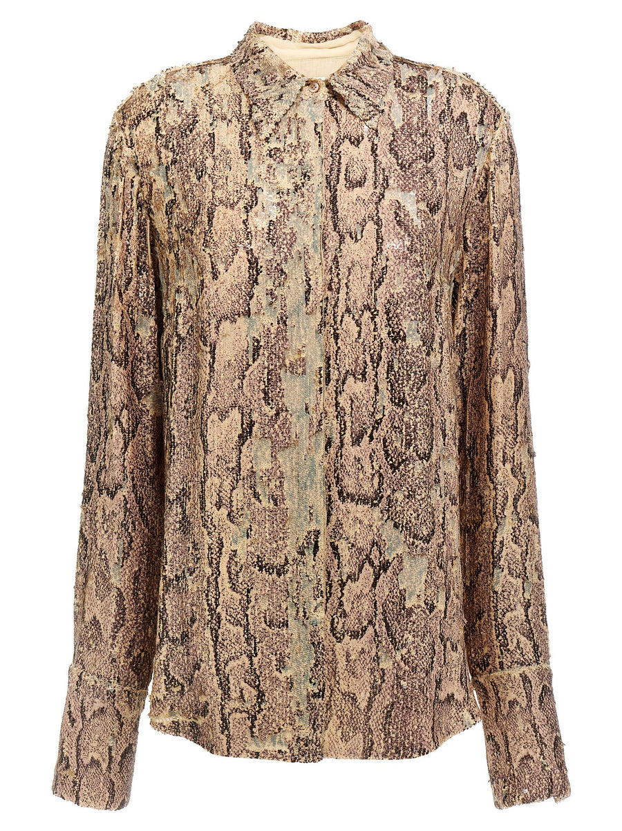 Dries Van Noten Celina Bis Shirt For Women Pink Viscose With Snake Print Sequin Embroidery