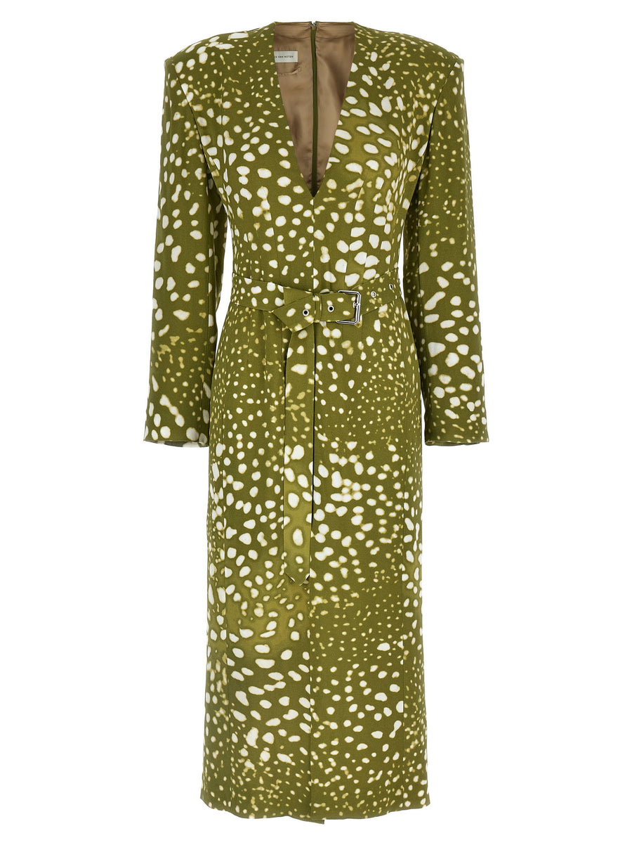 Dohana Dress By Dries Van Noten Green Printed Viscose Deep V Neck Front Split Padded Shoulders For Elegant Women
