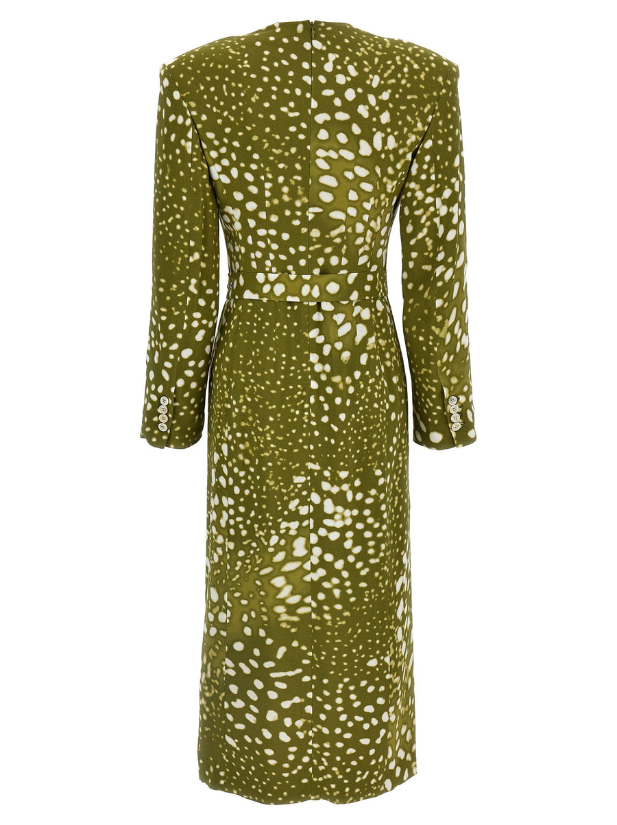 Dohana Dress By Dries Van Noten Green Printed Viscose Deep V Neck Front Split Padded Shoulders For Elegant Women