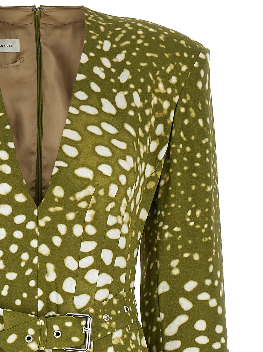 Dohana Dress By Dries Van Noten Green Printed Viscose Deep V Neck Front Split Padded Shoulders For Elegant Women