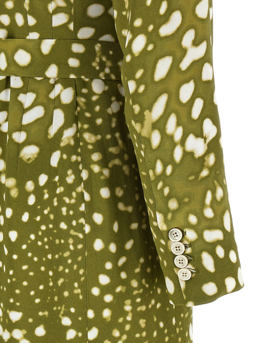 Dohana Dress By Dries Van Noten Green Printed Viscose Deep V Neck Front Split Padded Shoulders For Elegant Women