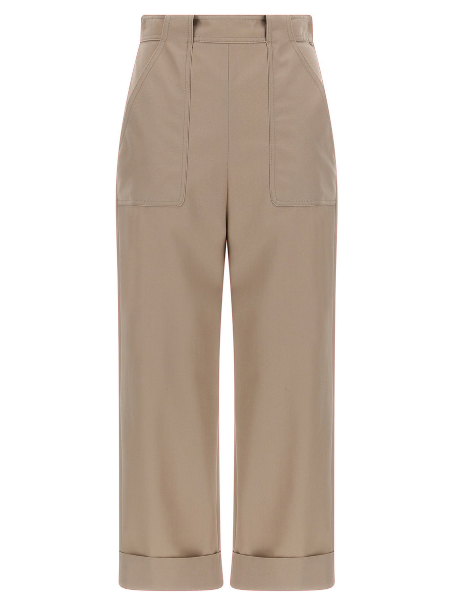 Max Mara Palio Beige High Waisted Cotton Gabardine Trousers With Turn Up Hem