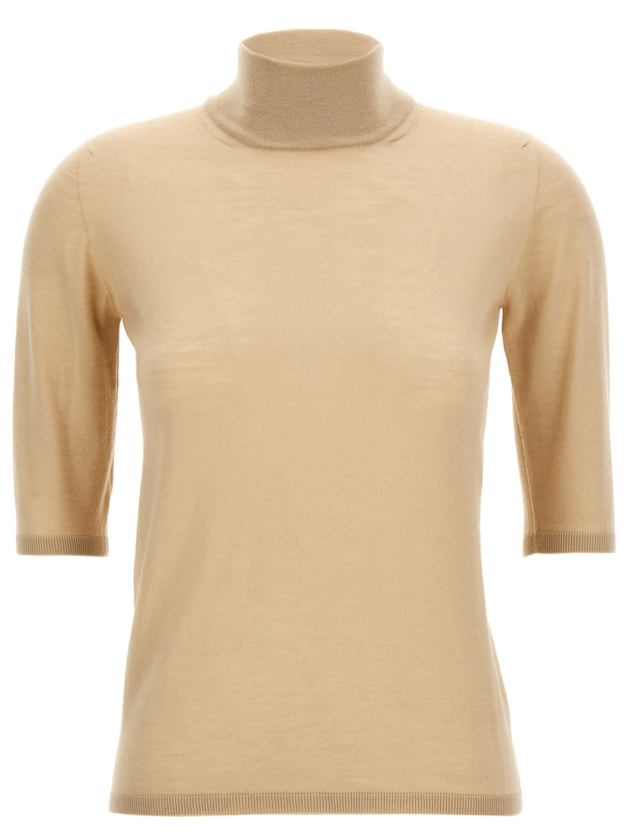 Turtleneck Wool Sweater Max Mara Cecina For Women, Shaved Virgin Wool Beige Luxury High Neck Knit