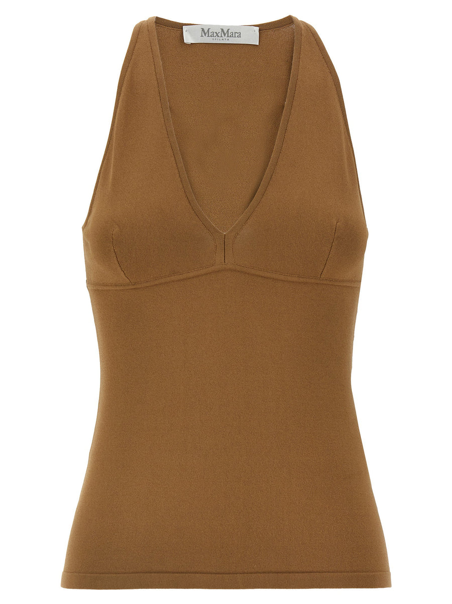 Max Mara Armida Brown V Neck Stretch Viscose Crepe Top