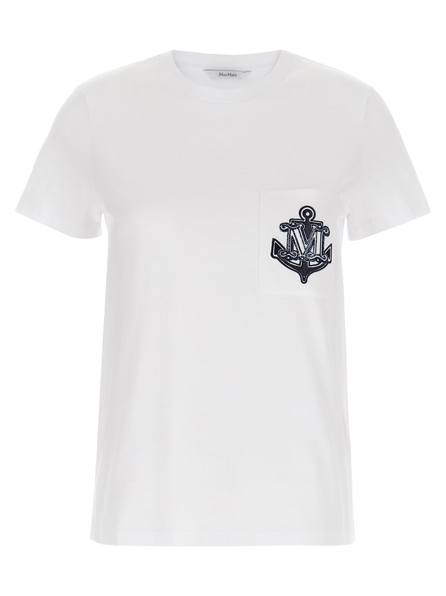 Max Mara Acacia Cotton T Shirt For Women Breathable Everyday Luxury Top With Front Pocket Logo Embroidery And Rhinestones
