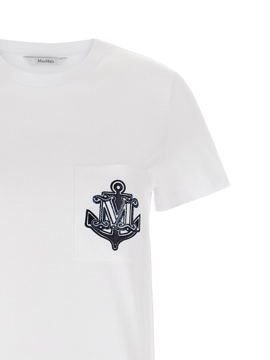 Max Mara Acacia Cotton T Shirt For Women Breathable Everyday Luxury Top With Front Pocket Logo Embroidery And Rhinestones