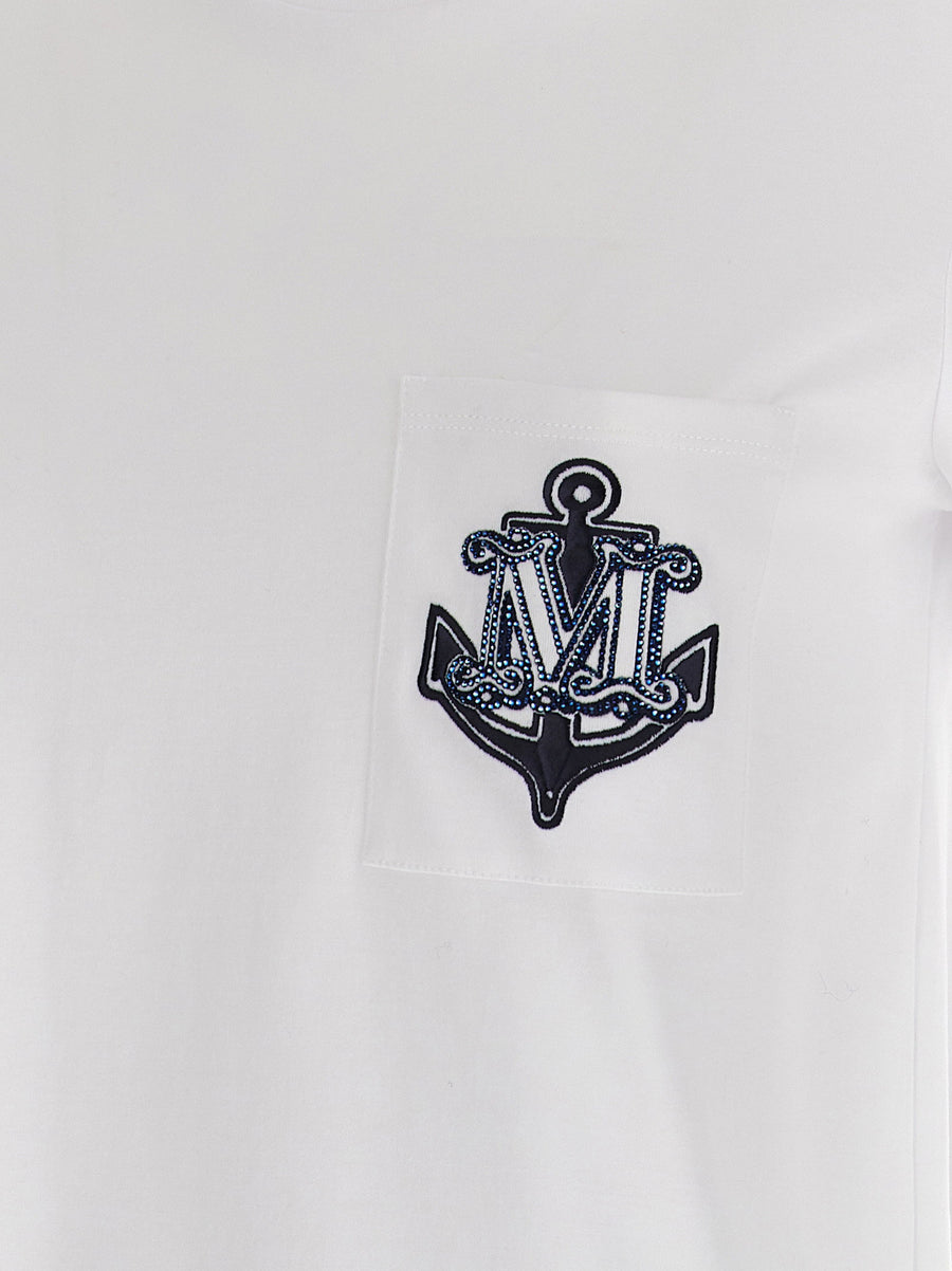 Max Mara Acacia Cotton T Shirt For Women Breathable Everyday Luxury Top With Front Pocket Logo Embroidery And Rhinestones