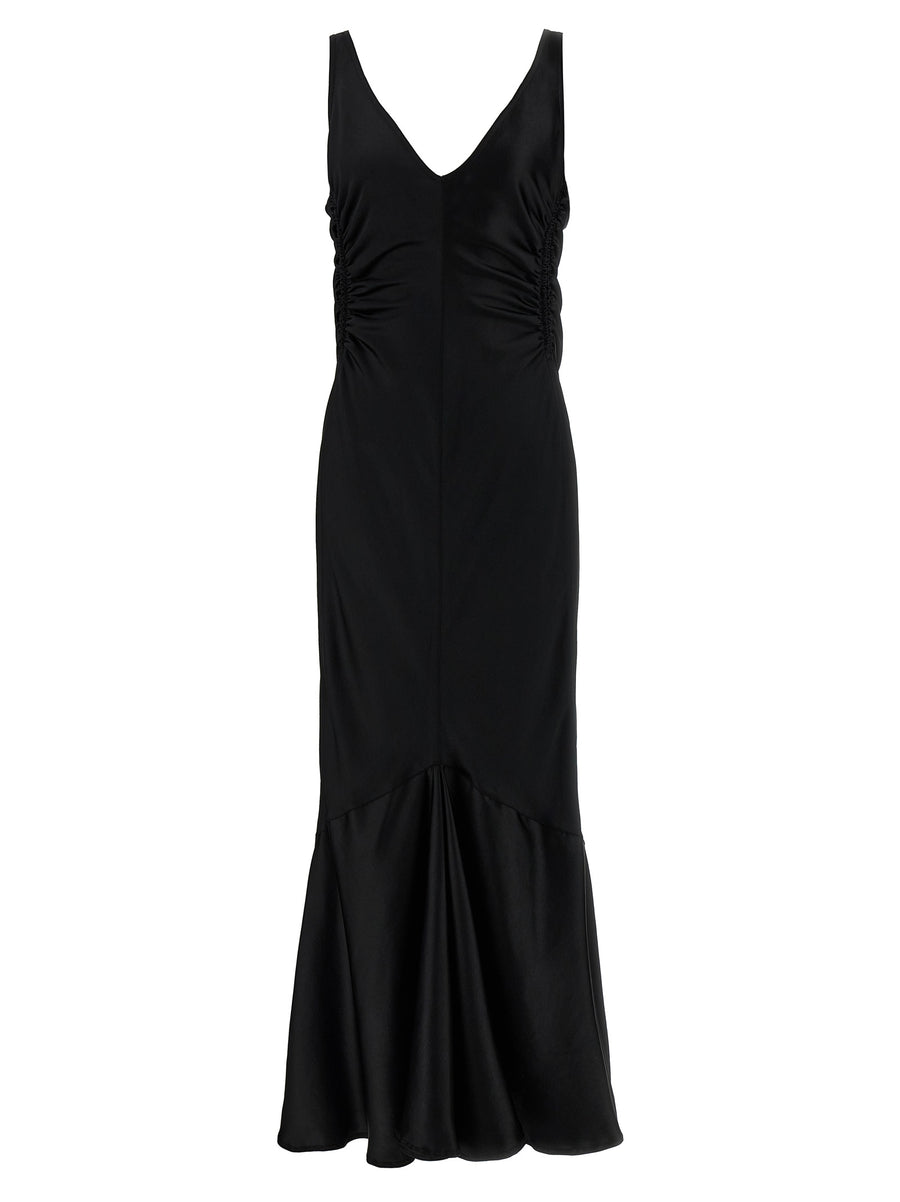 Sportmax Katia Satin Dress For Women With Dramatic Deep V Neck Front And Back And Elastic Crinkle Hips Mermaid Skirt