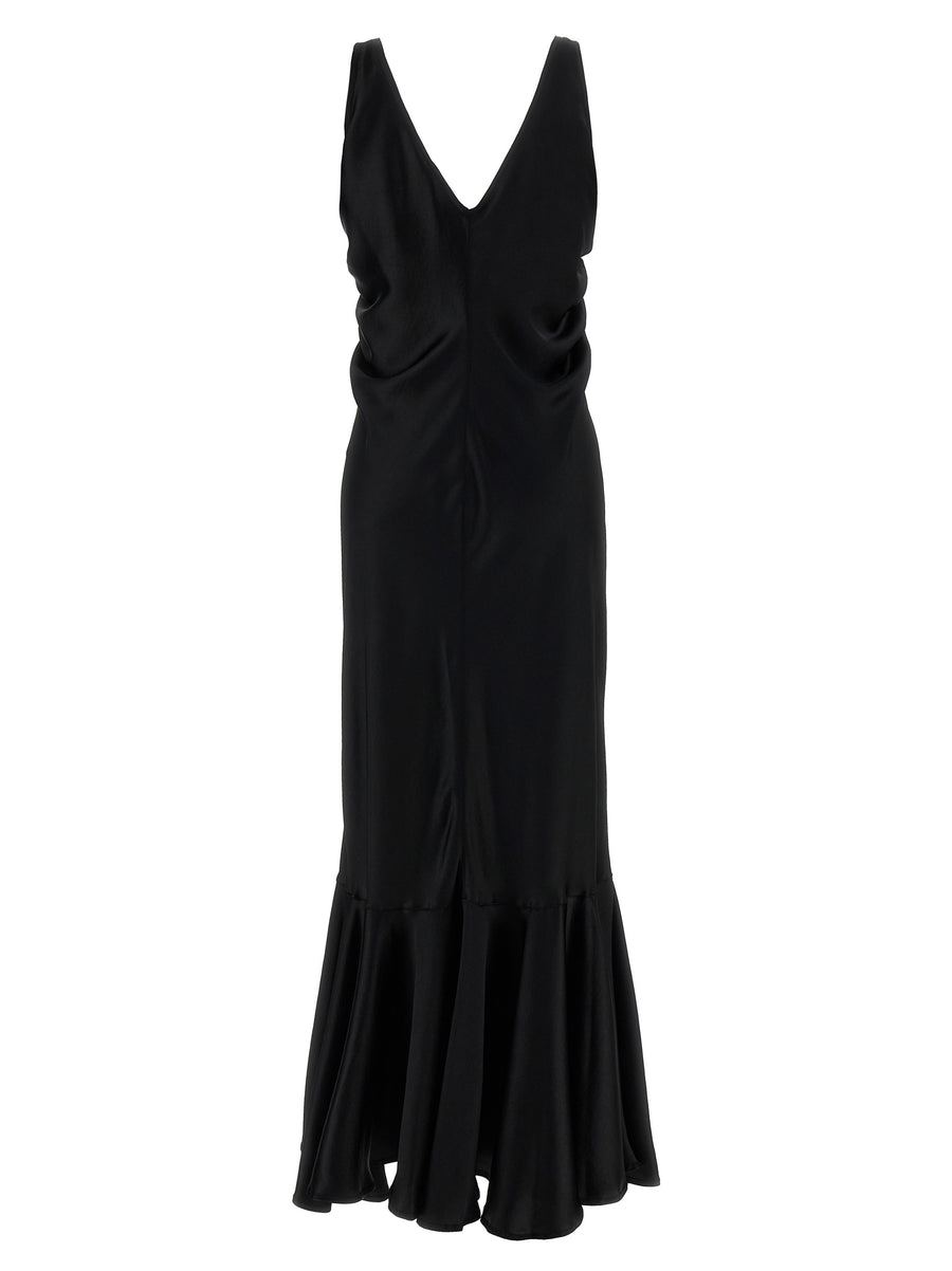 Sportmax Katia Satin Dress For Women With Dramatic Deep V Neck Front And Back And Elastic Crinkle Hips Mermaid Skirt