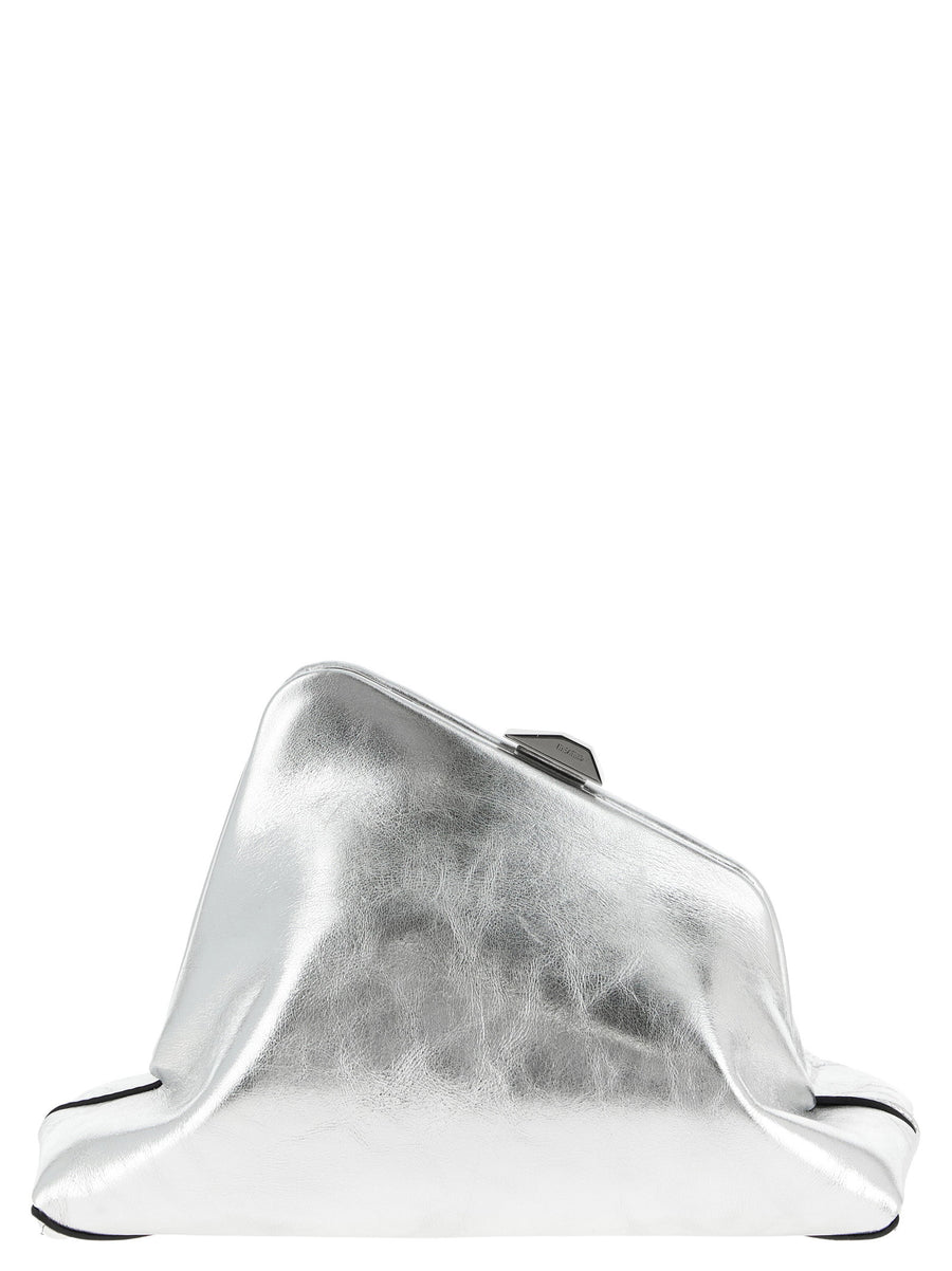 The Attico Day Off Small Clutch for Women Compact Silver Calfskin With Craquele Finish Evening Bag