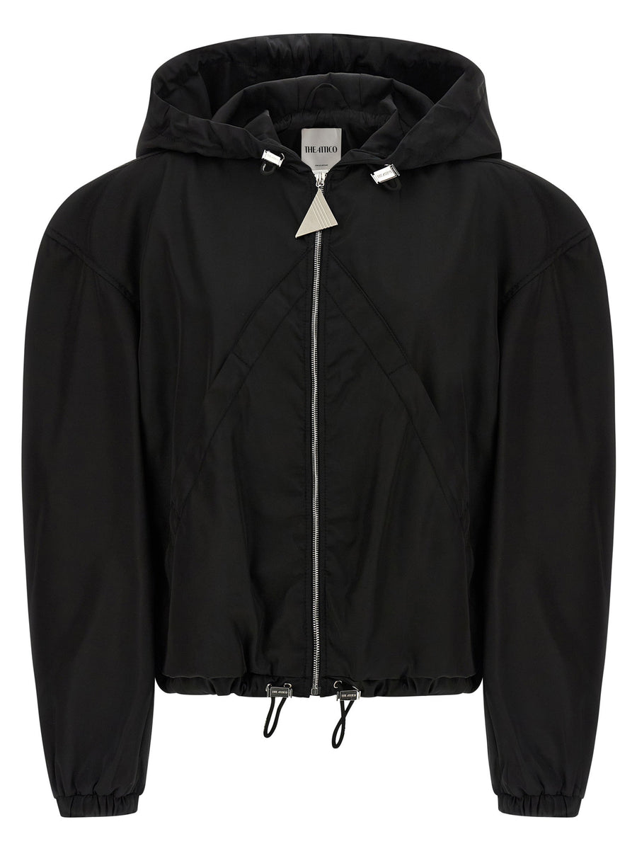 The Attico Maxi Hood Bomber Jacket For Women Luxe Black Polyamide Maxi Hood Logo Zip City Ready Outerwear