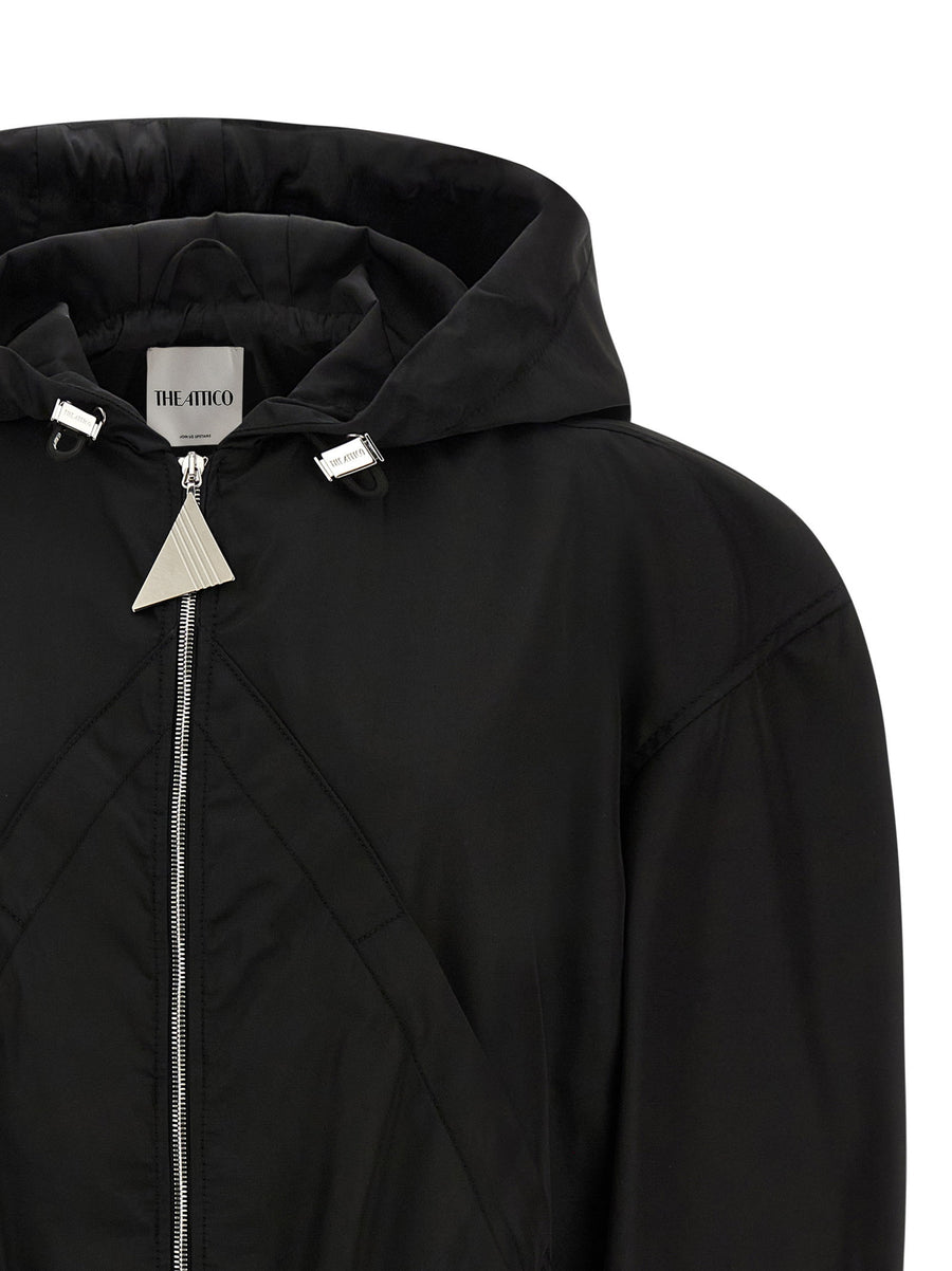 The Attico Maxi Hood Bomber Jacket For Women Luxe Black Polyamide Maxi Hood Logo Zip City Ready Outerwear
