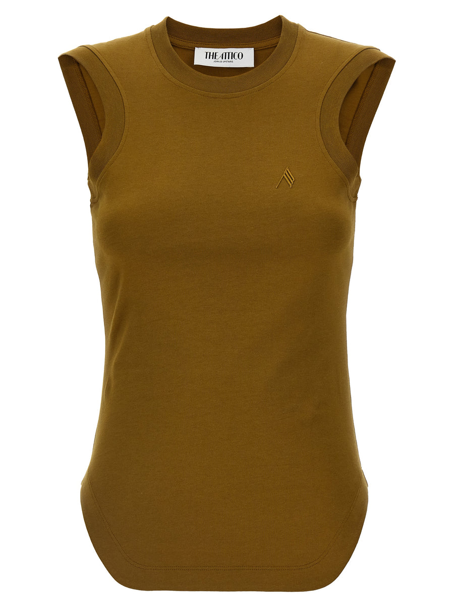 The Attico Reese Top Green 100 Percent Cotton Luxury Crew Neck With Shaped Hem Embroidered Logo For Women