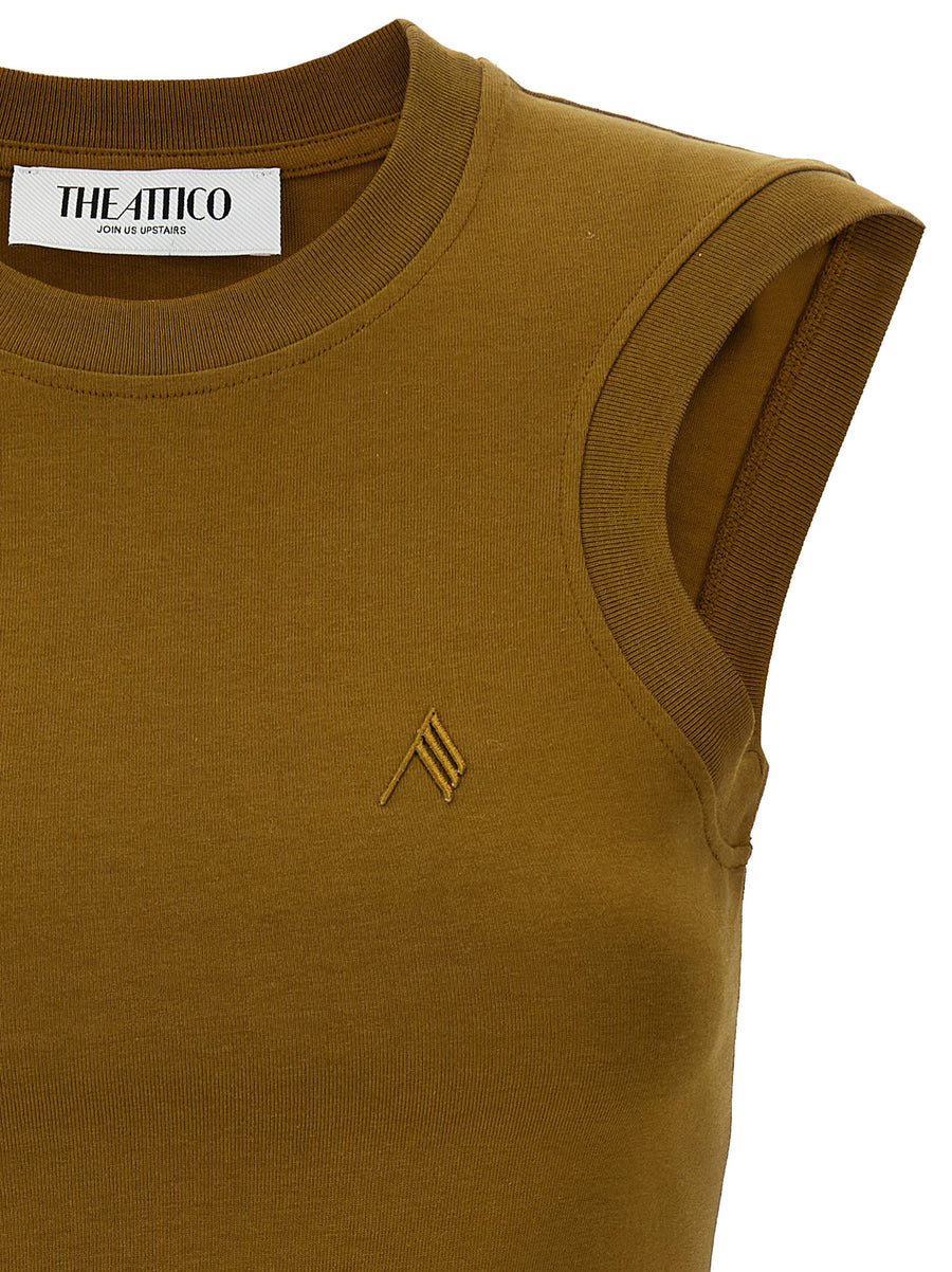 The Attico Reese Top Green 100 Percent Cotton Luxury Crew Neck With Shaped Hem Embroidered Logo For Women