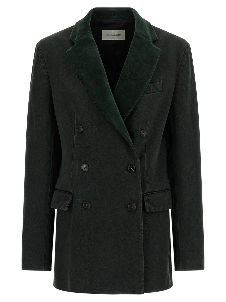 Dries Van Noten Befya Green Denim Blazer For Women Double Breasted Velvet Lapel Edition