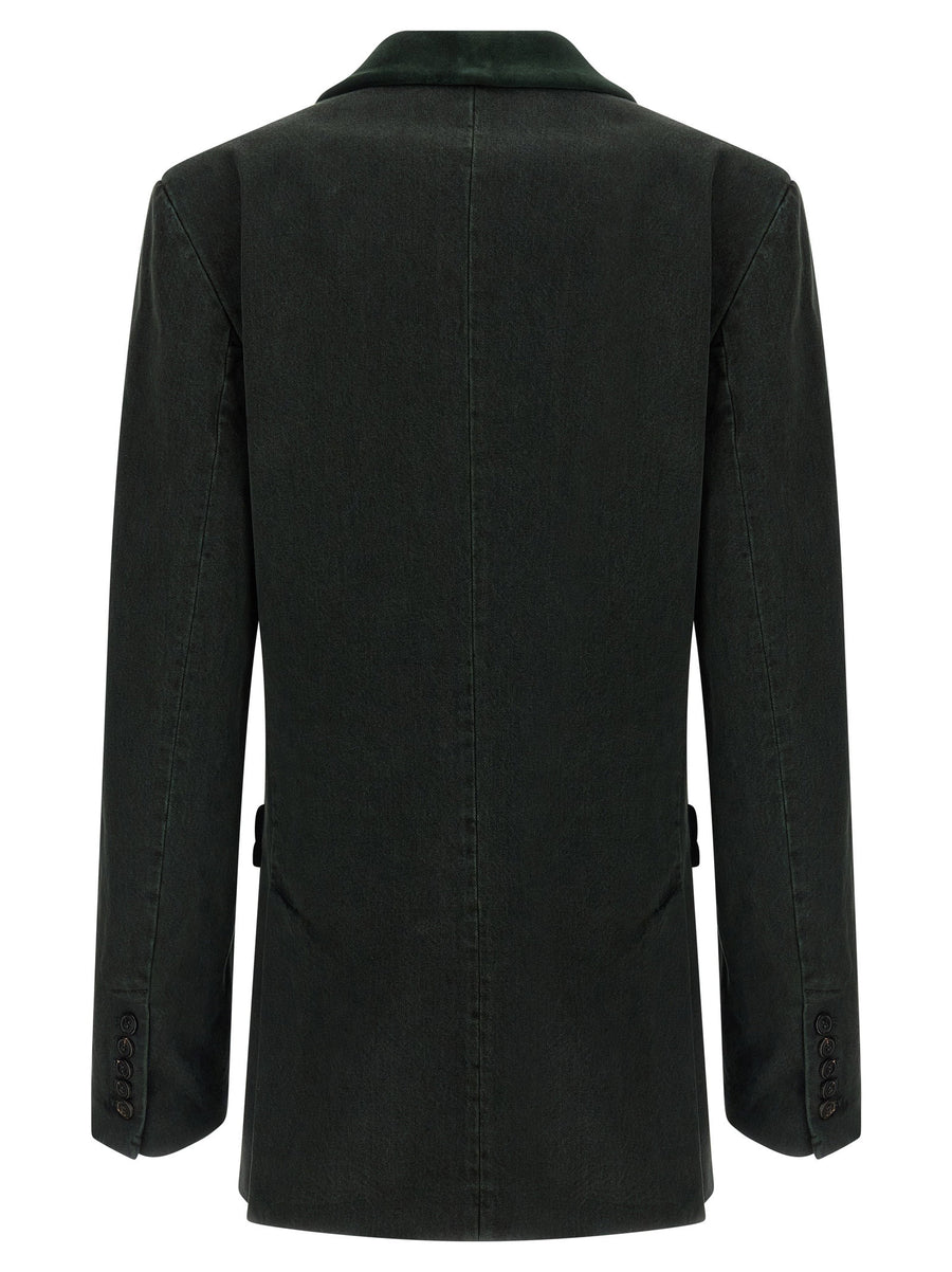 Dries Van Noten Befya Green Denim Blazer For Women Double Breasted Velvet Lapel Edition