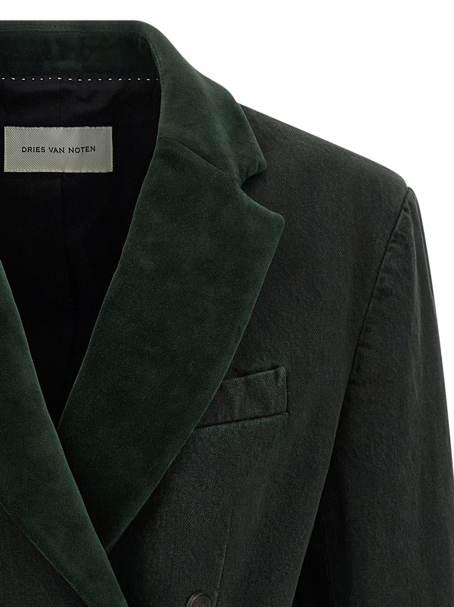 Dries Van Noten Befya Green Denim Blazer For Women Double Breasted Velvet Lapel Edition