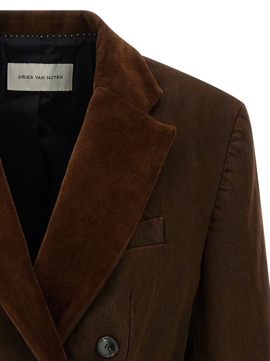 Dries Van Noten Befya Blazer For Women Double Breasted Stonewashed Cotton Denim With Velvet Lapel Luxurious Versatile