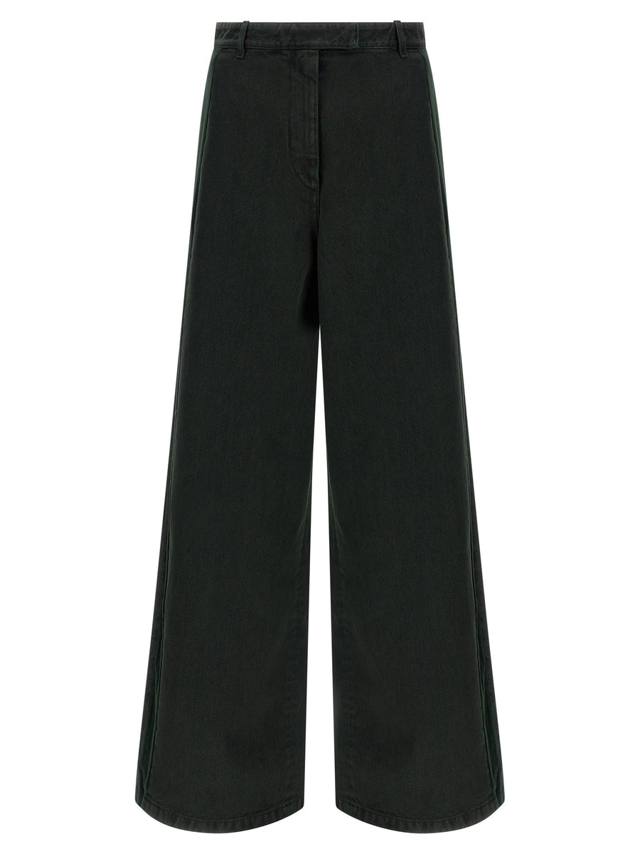 Dries Van Noten Velvet Insert Jeans For Women With Velvet Detail In Green Premium Garment Dyed 100 Percent Cotton Denim