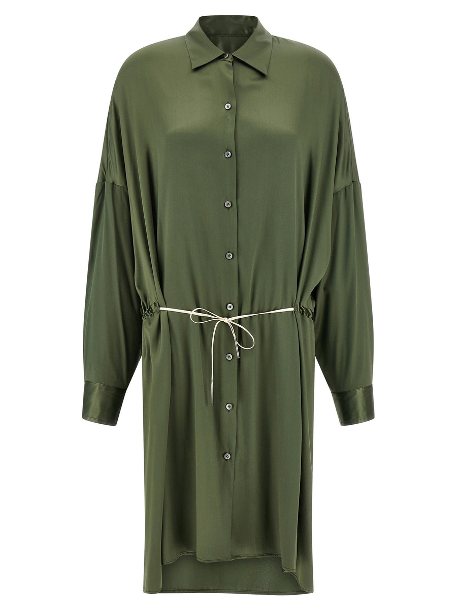 Dries Van Noten Dinidia Dress Silk Satin Green With Adjustable Waist Tailored Fit For Women