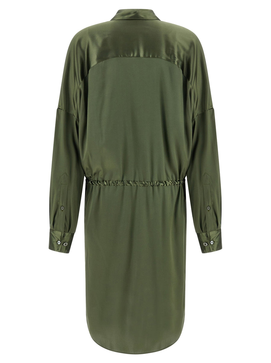 Dries Van Noten Dinidia Dress Silk Satin Green With Adjustable Waist Tailored Fit For Women