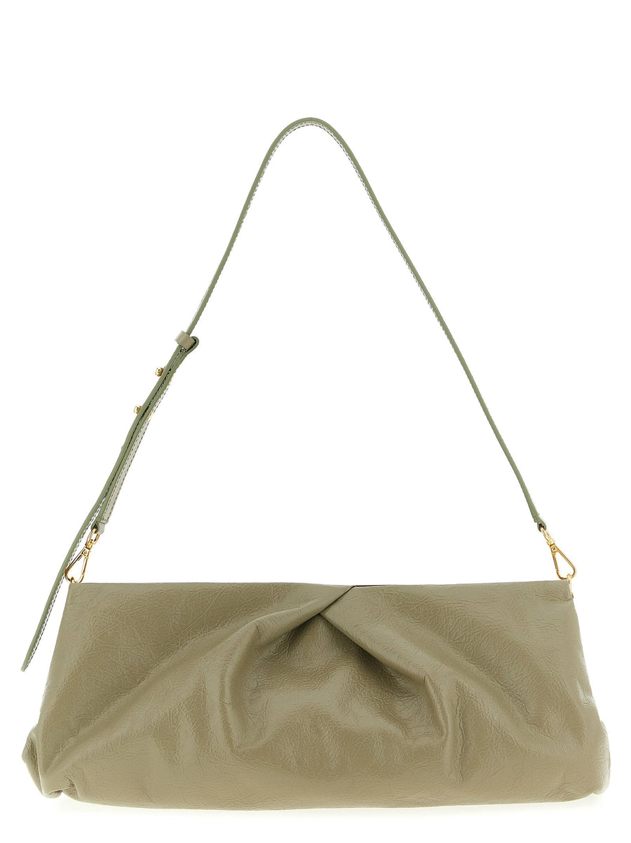 Dries Van Noten Crisp Big Clutch Green Calfskin Craquele With Front Logo Removable Strap Women