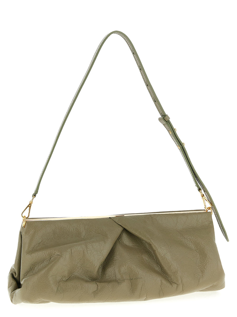 Dries Van Noten Crisp Big Clutch Green Calfskin Craquele With Front Logo Removable Strap Women