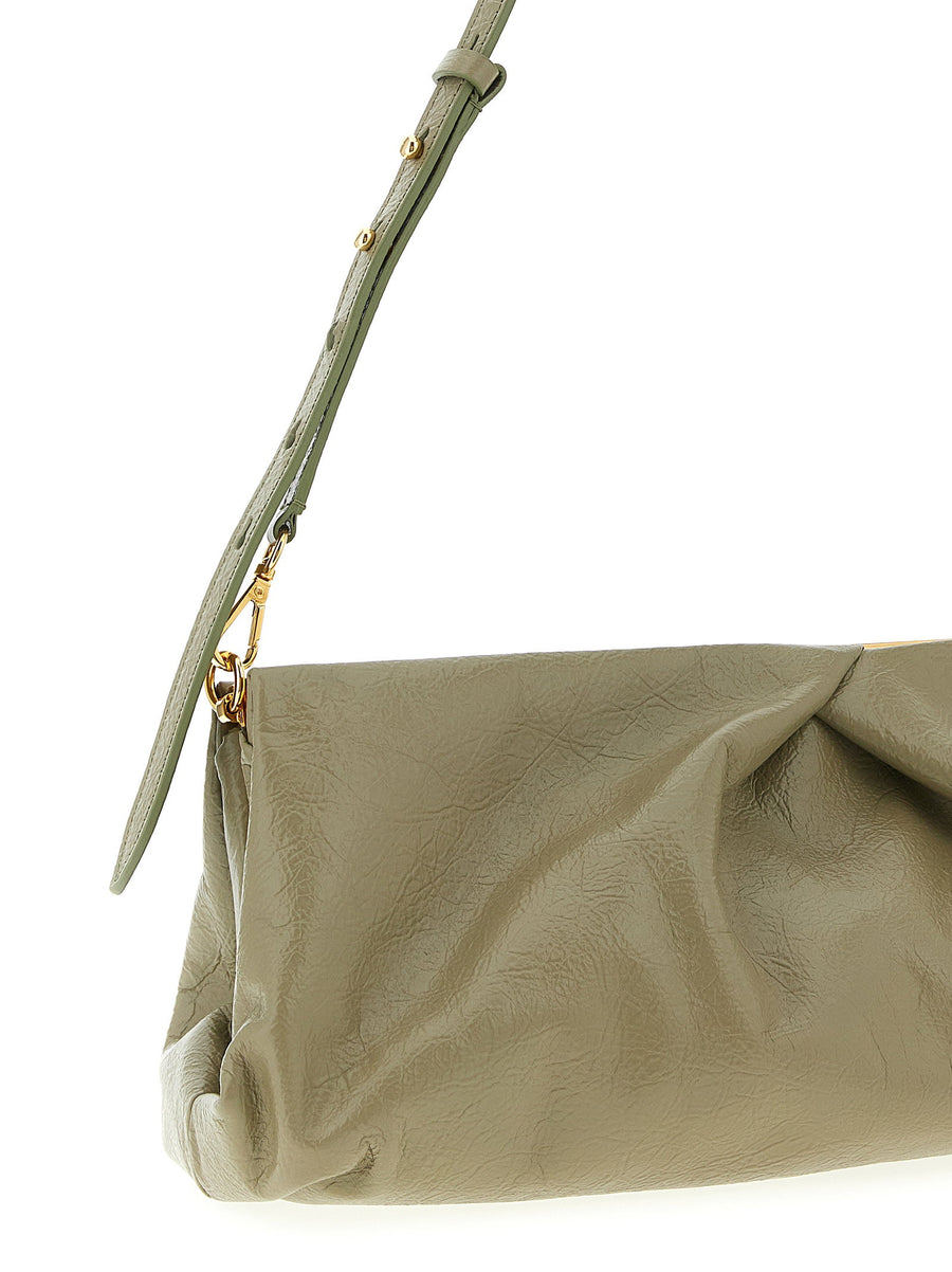 Dries Van Noten Crisp Big Clutch Green Calfskin Craquele With Front Logo Removable Strap Women