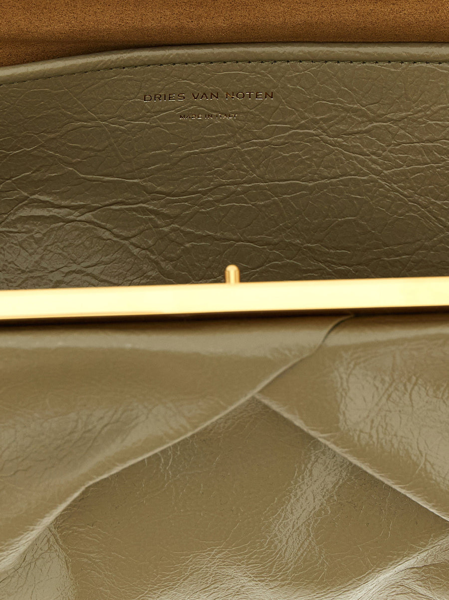 Dries Van Noten Crisp Big Clutch Green Calfskin Craquele With Front Logo Removable Strap Women