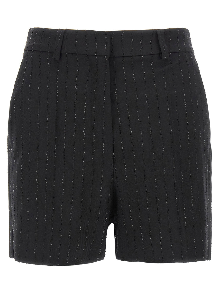 Max Mara Siberia Wool Shorts For Women Tailored Black Virgin Wool With Subtle Sequin Pinstripe