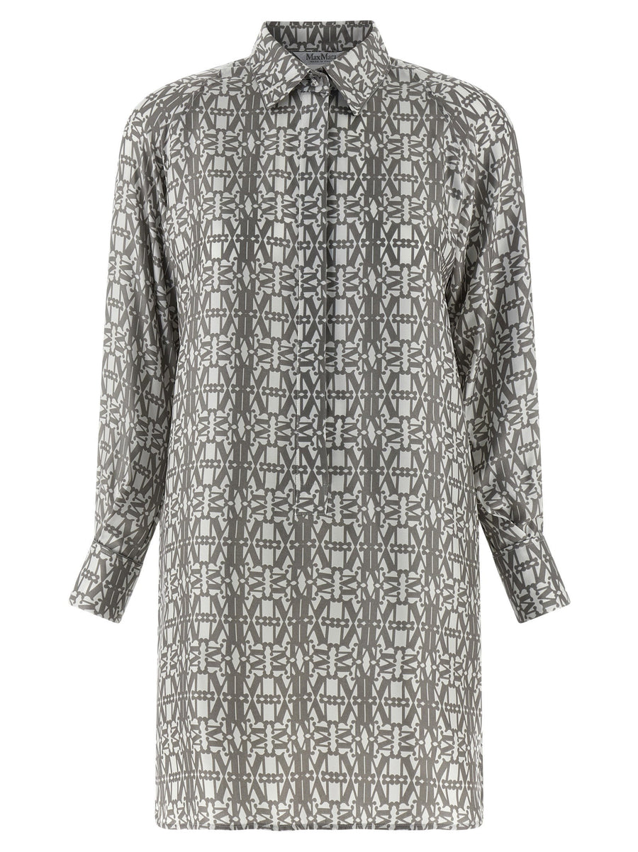 Luxurious Max Mara Grembo Silk Dress Monogram Print Chemisier With Front Button Closure For Women Asymmetrical Hem