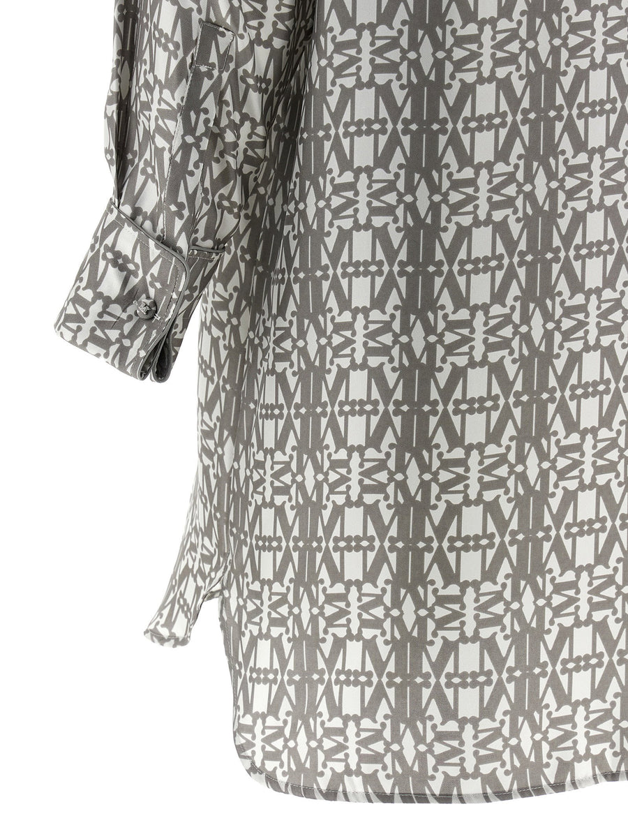 Luxurious Max Mara Grembo Silk Dress Monogram Print Chemisier With Front Button Closure For Women Asymmetrical Hem
