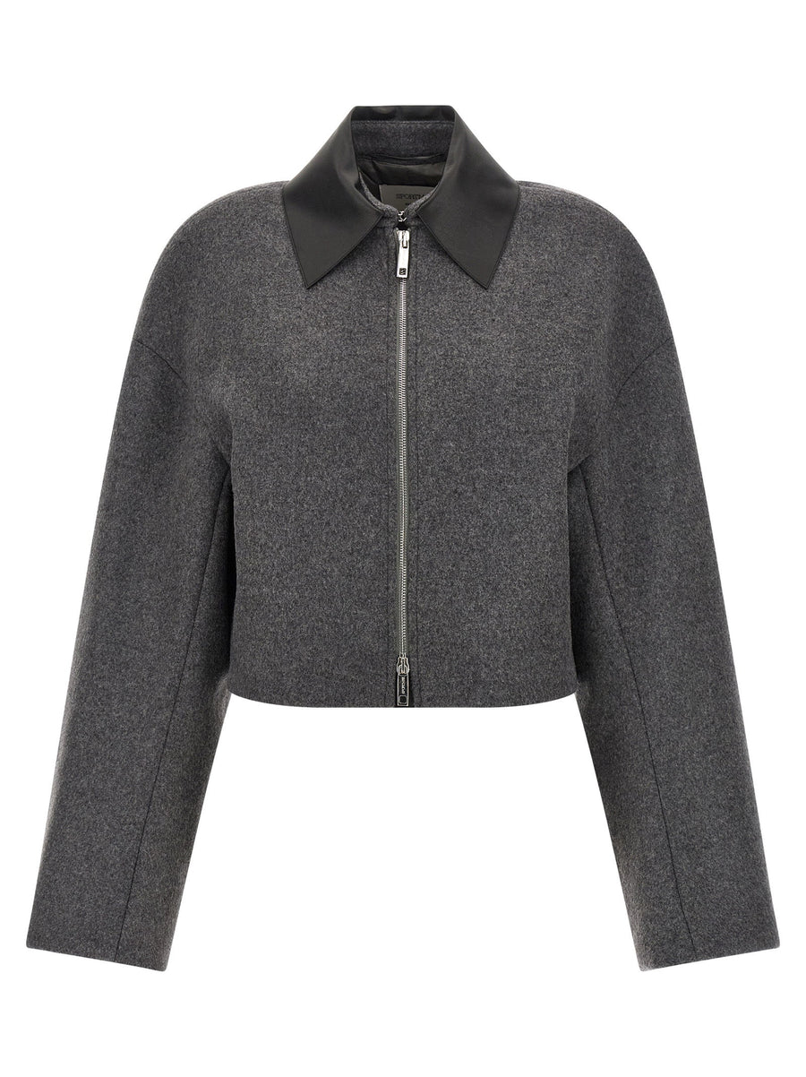 Sportmax Vacuo Gray Wool Cropped Jacket For Women With Leather Collar And Front Zip