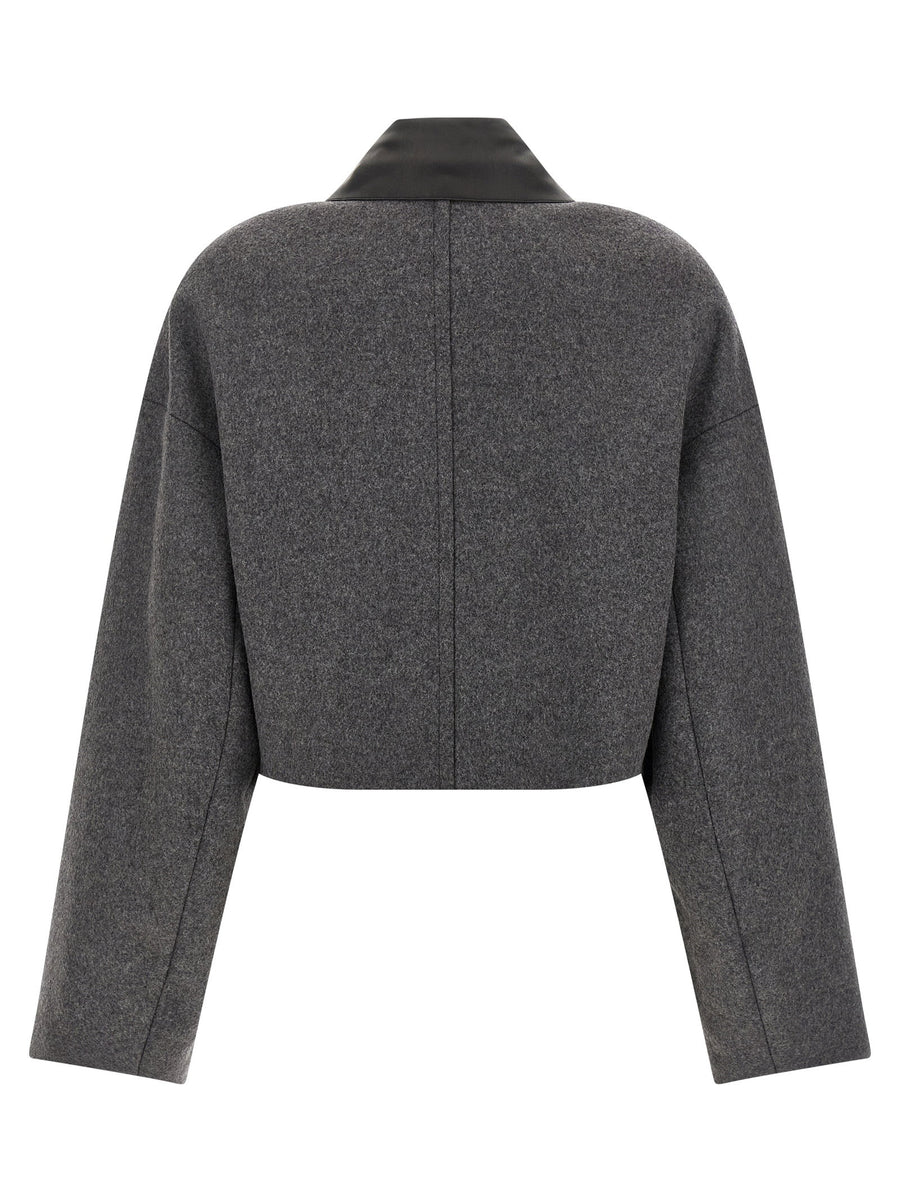 Sportmax Vacuo Gray Wool Cropped Jacket For Women With Leather Collar And Front Zip