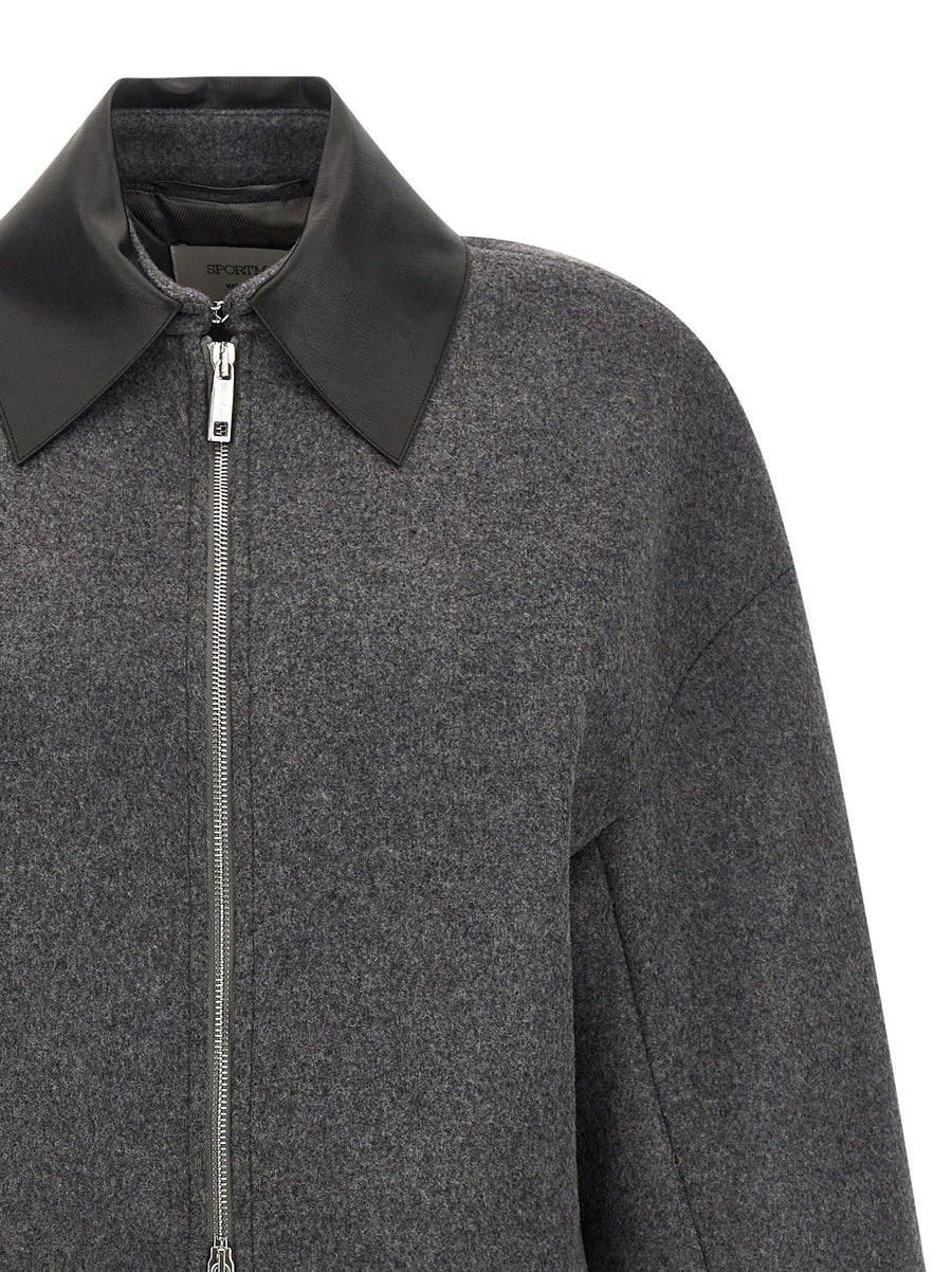 Sportmax Vacuo Gray Wool Cropped Jacket For Women With Leather Collar And Front Zip