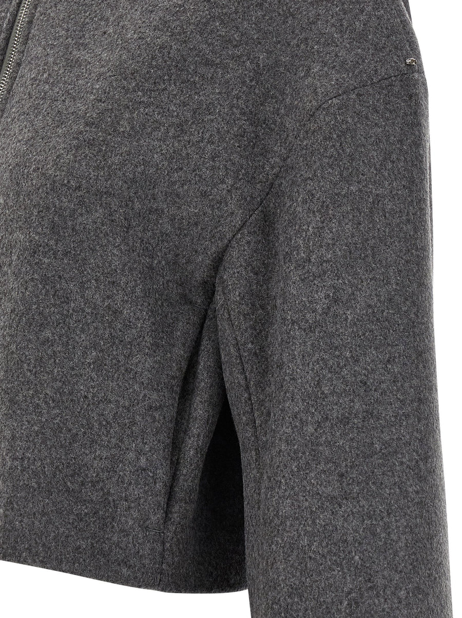 Sportmax Vacuo Gray Wool Cropped Jacket For Women With Leather Collar And Front Zip