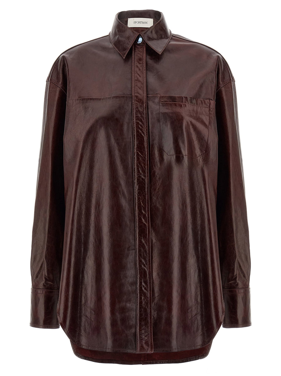 Sportmax Leather Shirt Bordeaux For Women With Luxurious Glossy Lamb Leather And Front Snap Closure