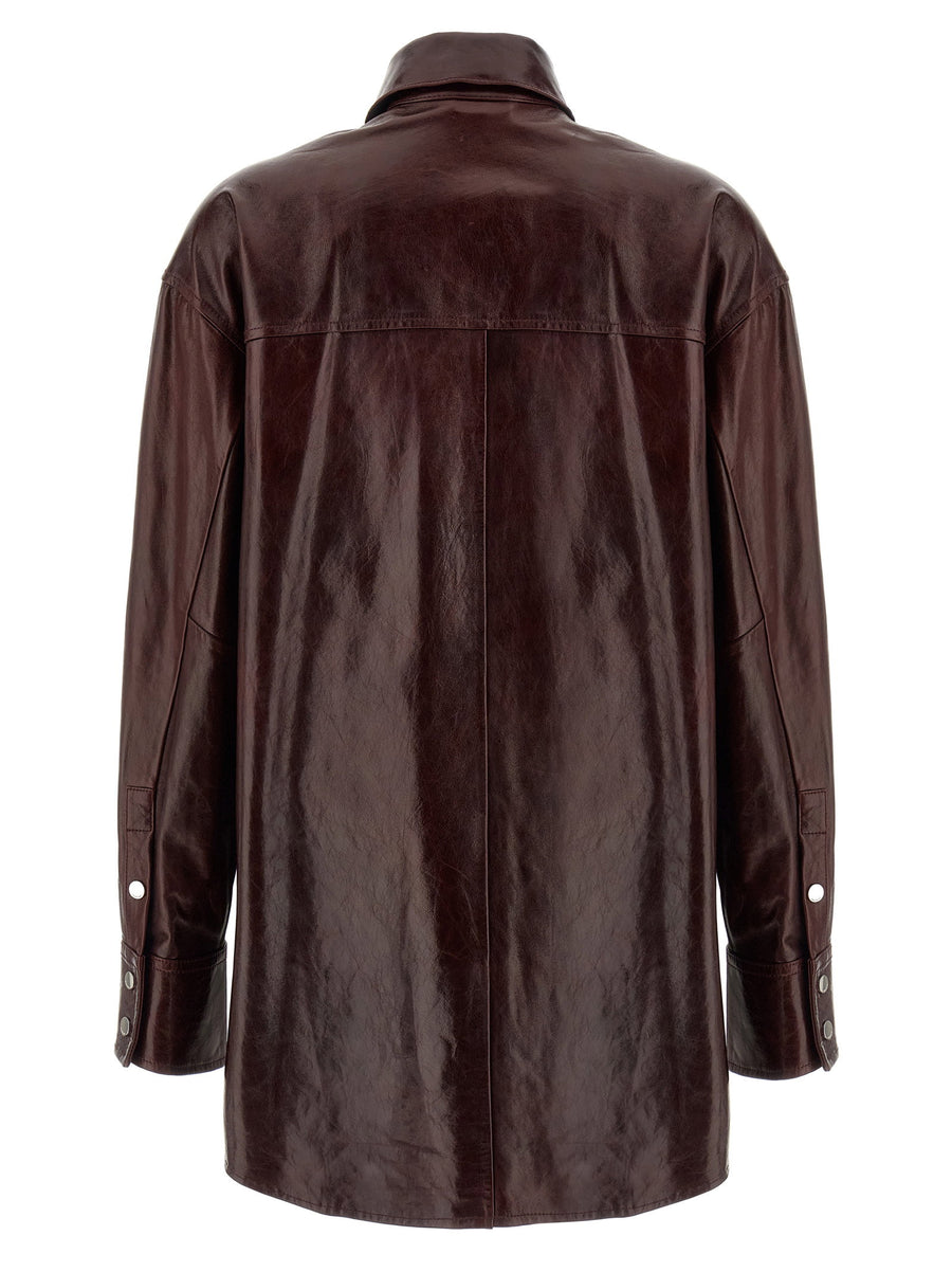 Sportmax Leather Shirt Bordeaux For Women With Luxurious Glossy Lamb Leather And Front Snap Closure