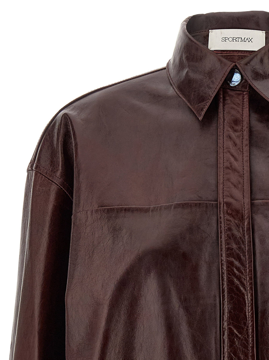 Sportmax Leather Shirt Bordeaux For Women With Luxurious Glossy Lamb Leather And Front Snap Closure