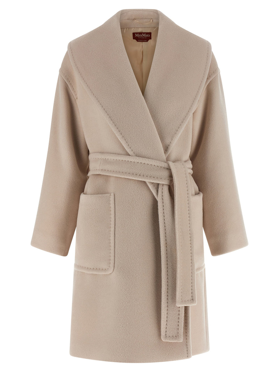 Max Mara Studio Alpaca Wool Blend Coat For Women Luxurious Warmth Beige Shawl Collar Removable Belt Long Coat