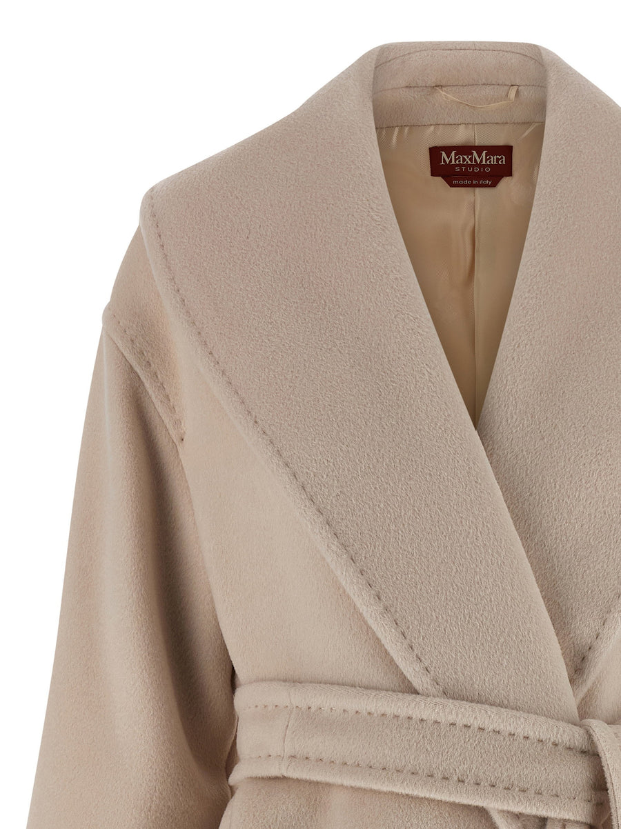 Max Mara Studio Alpaca Wool Blend Coat For Women Luxurious Warmth Beige Shawl Collar Removable Belt Long Coat