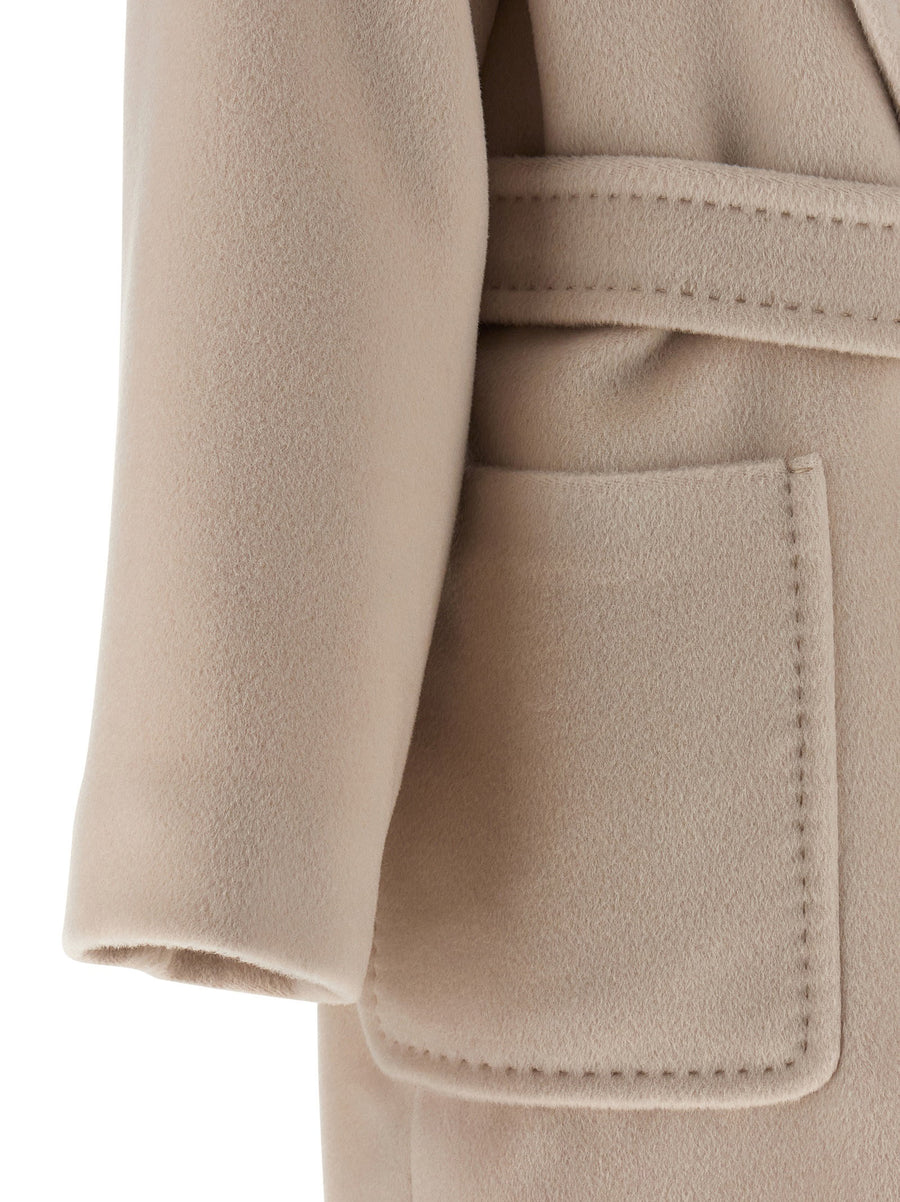 Max Mara Studio Alpaca Wool Blend Coat For Women Luxurious Warmth Beige Shawl Collar Removable Belt Long Coat