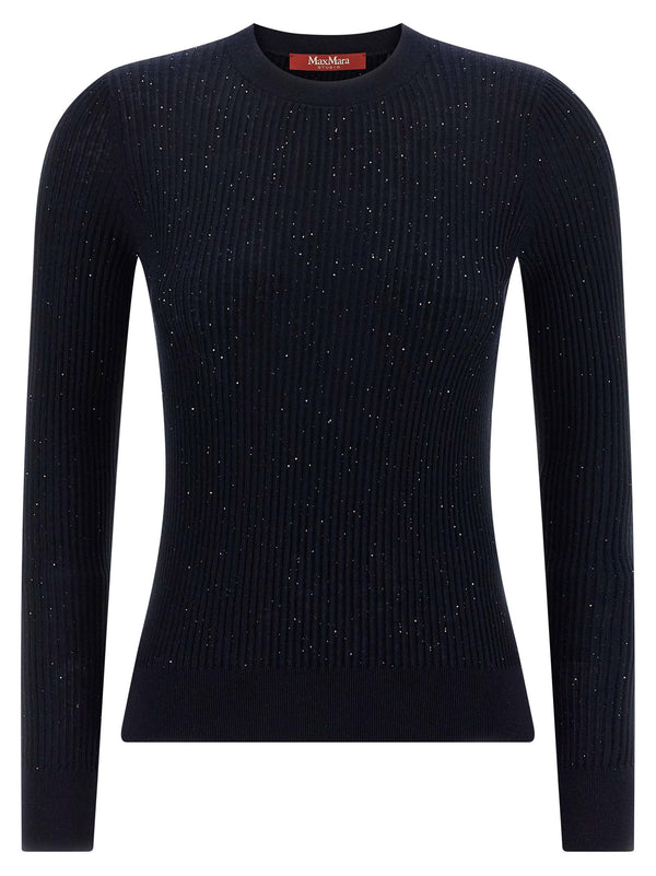 Max Mara Studio Marabu Silk Wool Blend Sweater For Women Blue With Micro Sequins Ribbed Knit Day To Night Versatility