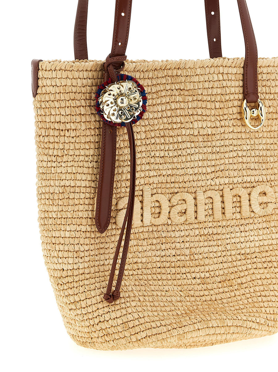 Paco Rabanne Raffia Tote Bag For Women Luxury Everyday Shopper With Calf Leather Accents
