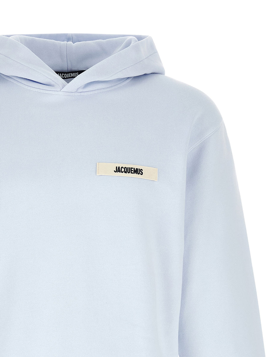 Jacquemus Le Hoodie Gros Grains Sweatshirt For Men Light Blue Premium 100 Percent Cotton Built In Hood Logo Patch