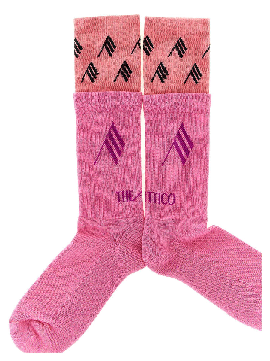 The Attico Double Layer Logo Socks For Women Soft Breathable Cotton Cushioned Comfort Pink