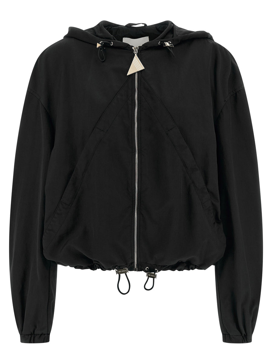 Attico Hooded Bomber Jacket For Women Luxury Black Nylon With Pockets And Drawstring Hem